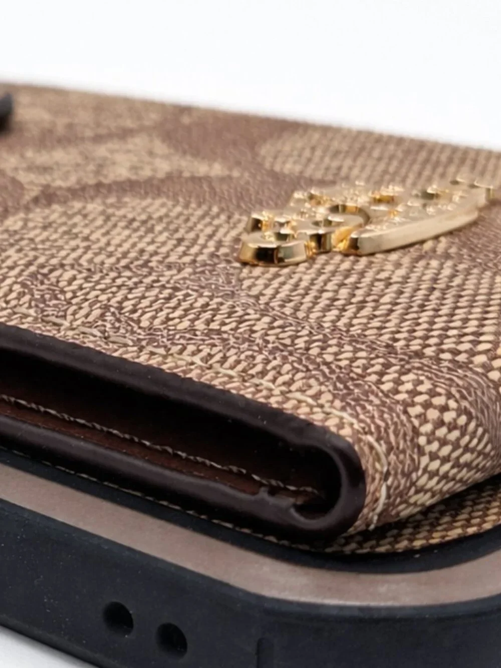 iPhone 14 Khaki Brown Canvas Signature Monogram Wallet Case with Gold Logo - Picture 4 of 6